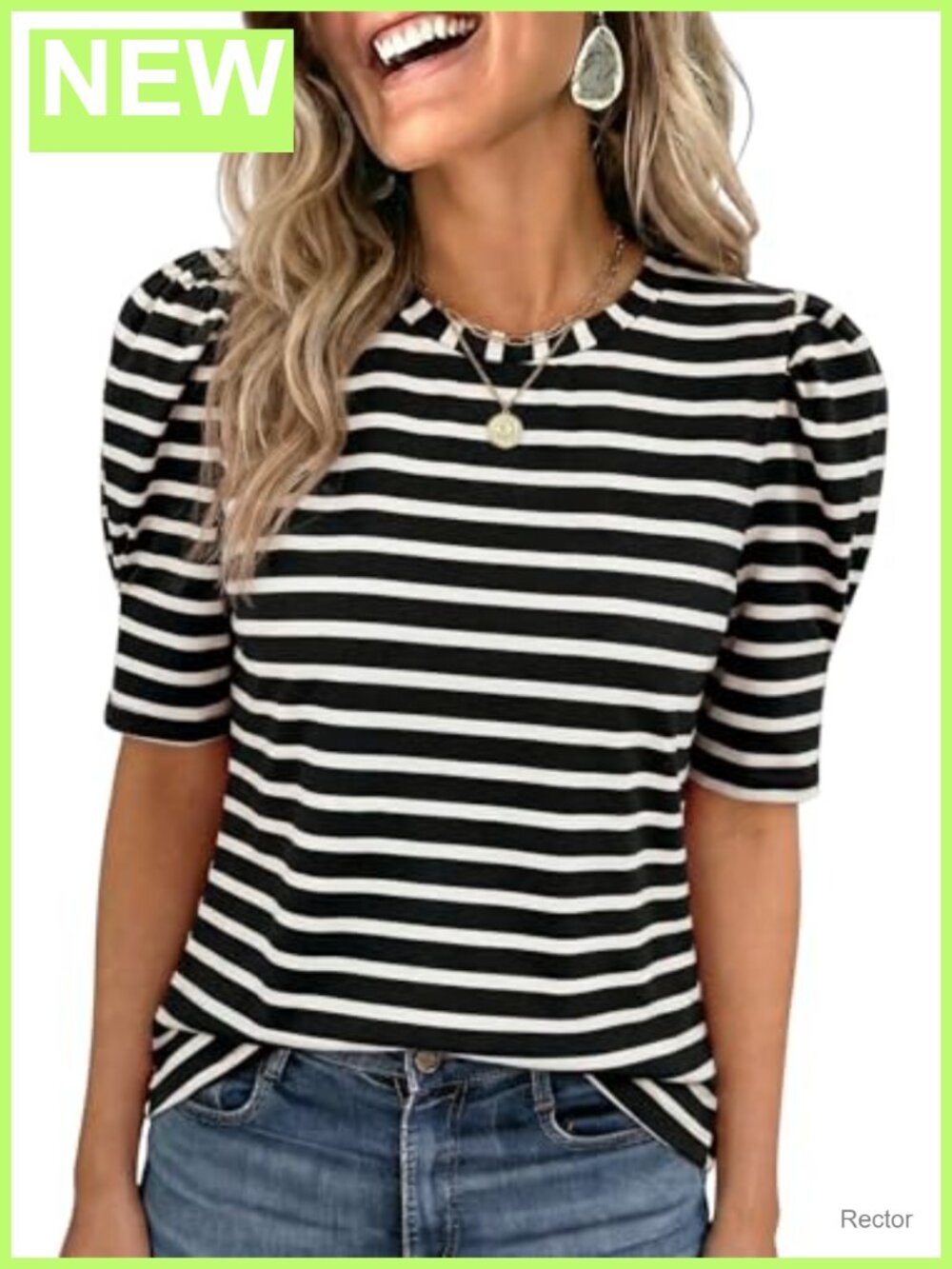 Women's Casual Short Puff Sleeve Crew Neck Striped T Shirt Summer Tunic Top